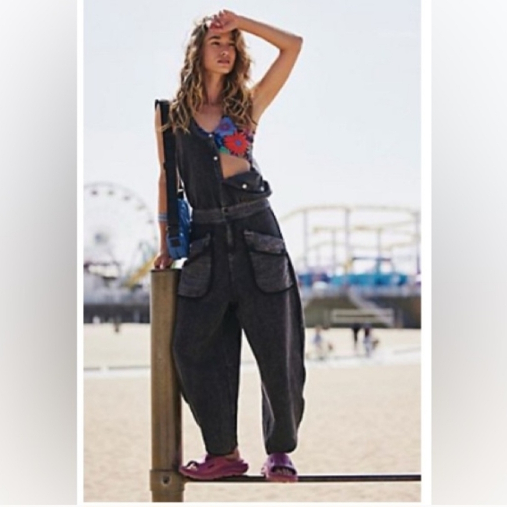 FP Movement by Free People Black Denim Oversized Jumpsuit with Floral Top